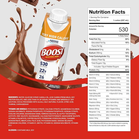 BOOST Very High Calorie Nutritional Drink – Helps Weight Gain & Maintenance - 530 Calories - 26 Vitamins & Minerals - 22 g Protein - Calorie-Dense Nutritional Drink - Chocolate - 8 fl oz (Pack of 24)