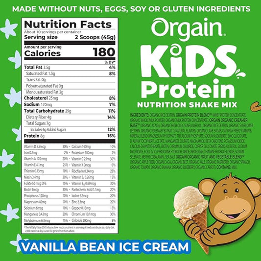 Orgain Kids Protein Powder Shake Mix, Vanilla Bean Ice Cream - 8g Grass-Fed Dairy Protein, 4g Fiber, 22 Vitamins & Minerals, Gluten Free, No Soy Ingredients, Adds Healthy Nutrients to Kids Snacks, 1lb