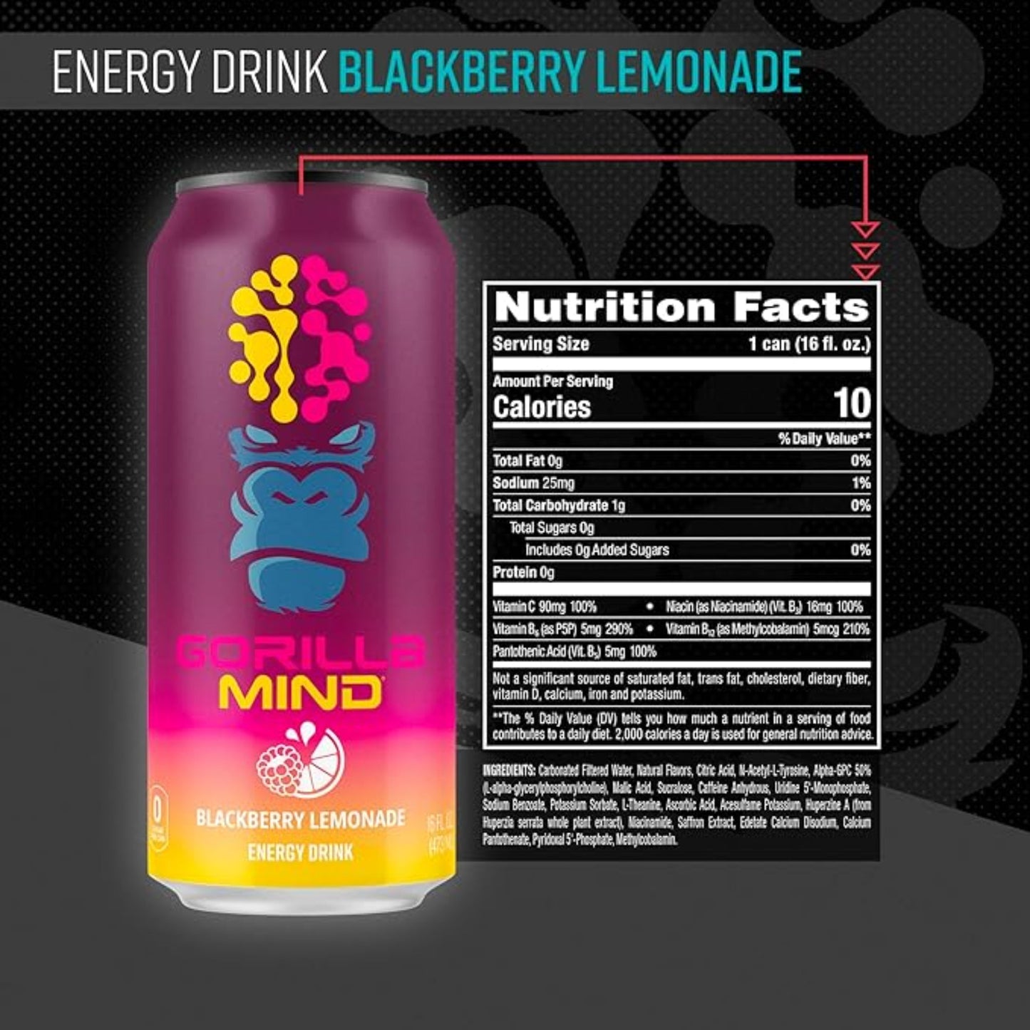 Gorilla Mind Energy Drink | Unmatched Energy · Amplified Focus | N-Acetyl-L-Tyrosine, Alpha-GPC, 200mg Caffeine, Uridine, Saffron | 0 Sugar Or Artificial Colors | 16oz, 12-Pack (Blackberry Lemonade)