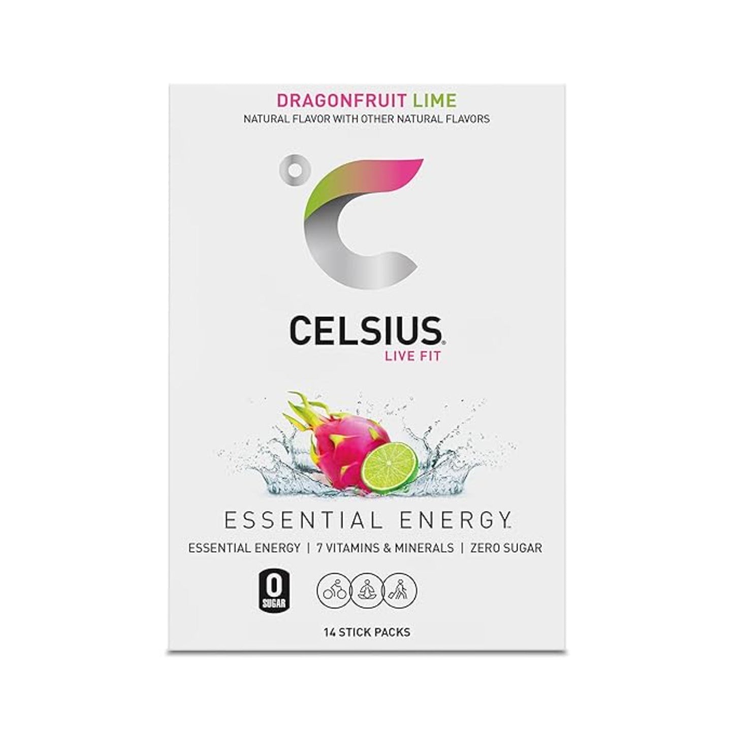 CELSIUS® On-the-Go Powder Sticks Dragonfruit Lime, Essential Energy 2.8 Oz (14 Sticks per Pack)
