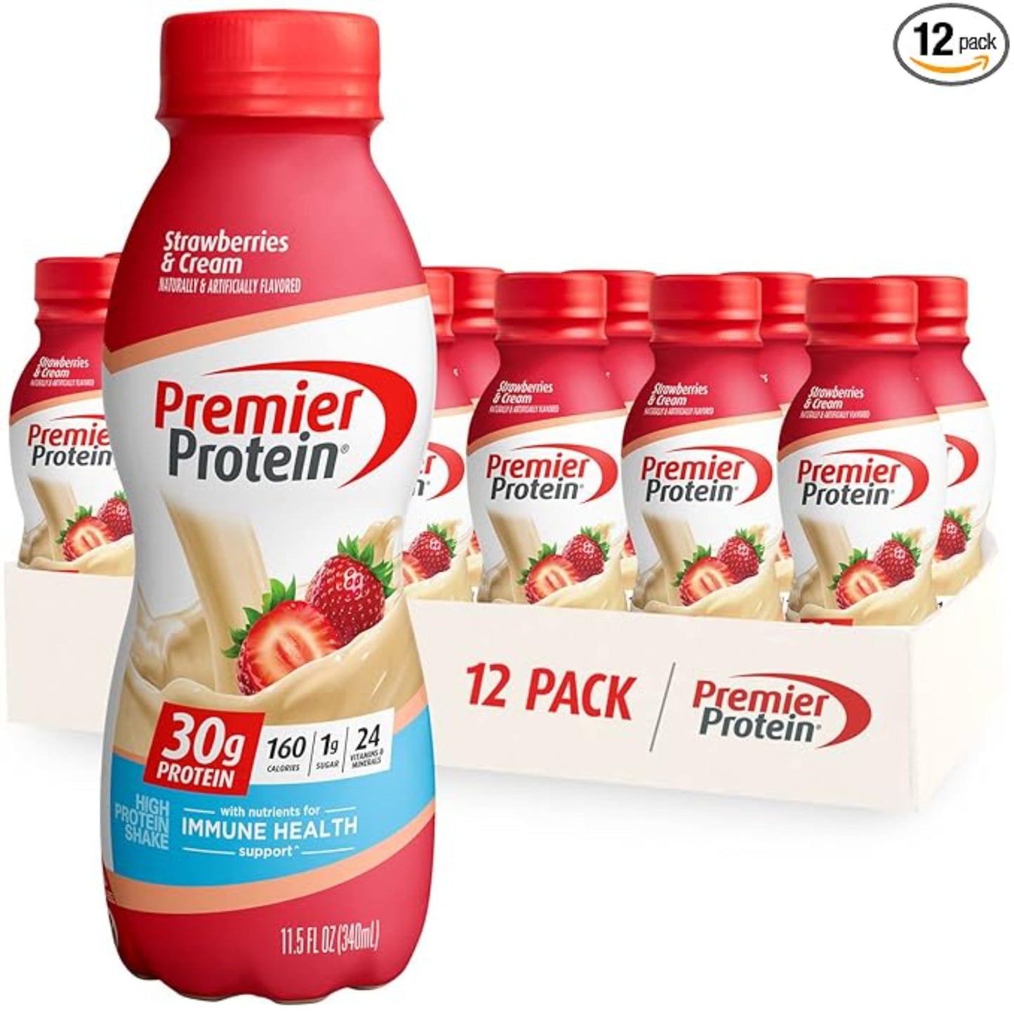 Premier Protein Shake, Strawberries & Cream, 30g Protein 1g Sugar 24 Vitamins Minerals Nutrients to Support Immune Health, 11.5 fl oz (Pack of 12)