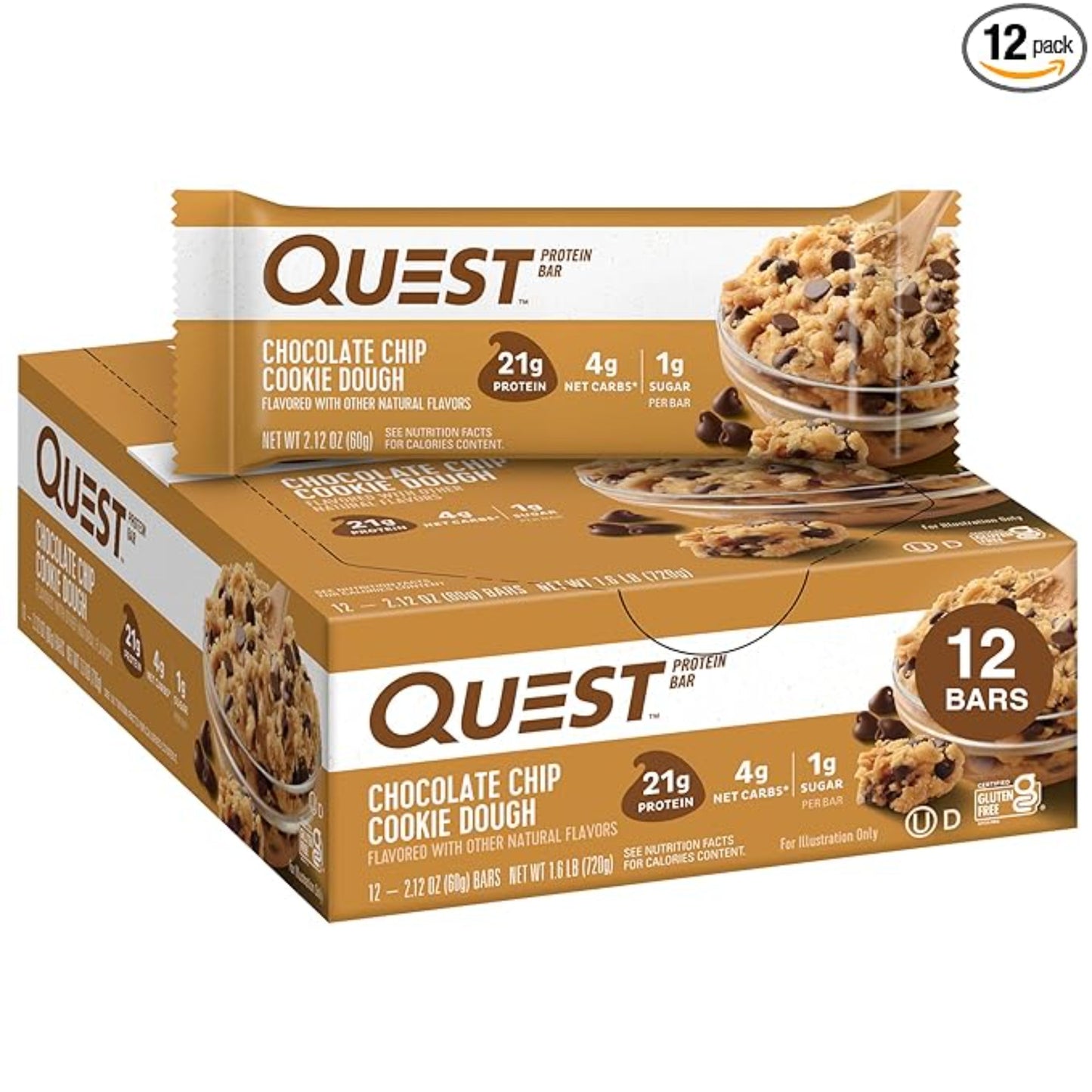 Quest Nutrition Chocolate Chip Dough Cookie Protein Bars, 21g Protein, 1g Sugar, 4g Net Carb, Gluten Free, Keto Friendy, 12 Count