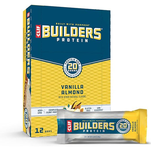 CLIF BUILDERS Protein Bars - Vanilla Almond Flavor - 20g Plant Based Protein - Gluten Free - Non-GMO - Low Glycemic - No Artificial Sweeteners - 2.4 oz. (12 Pack)