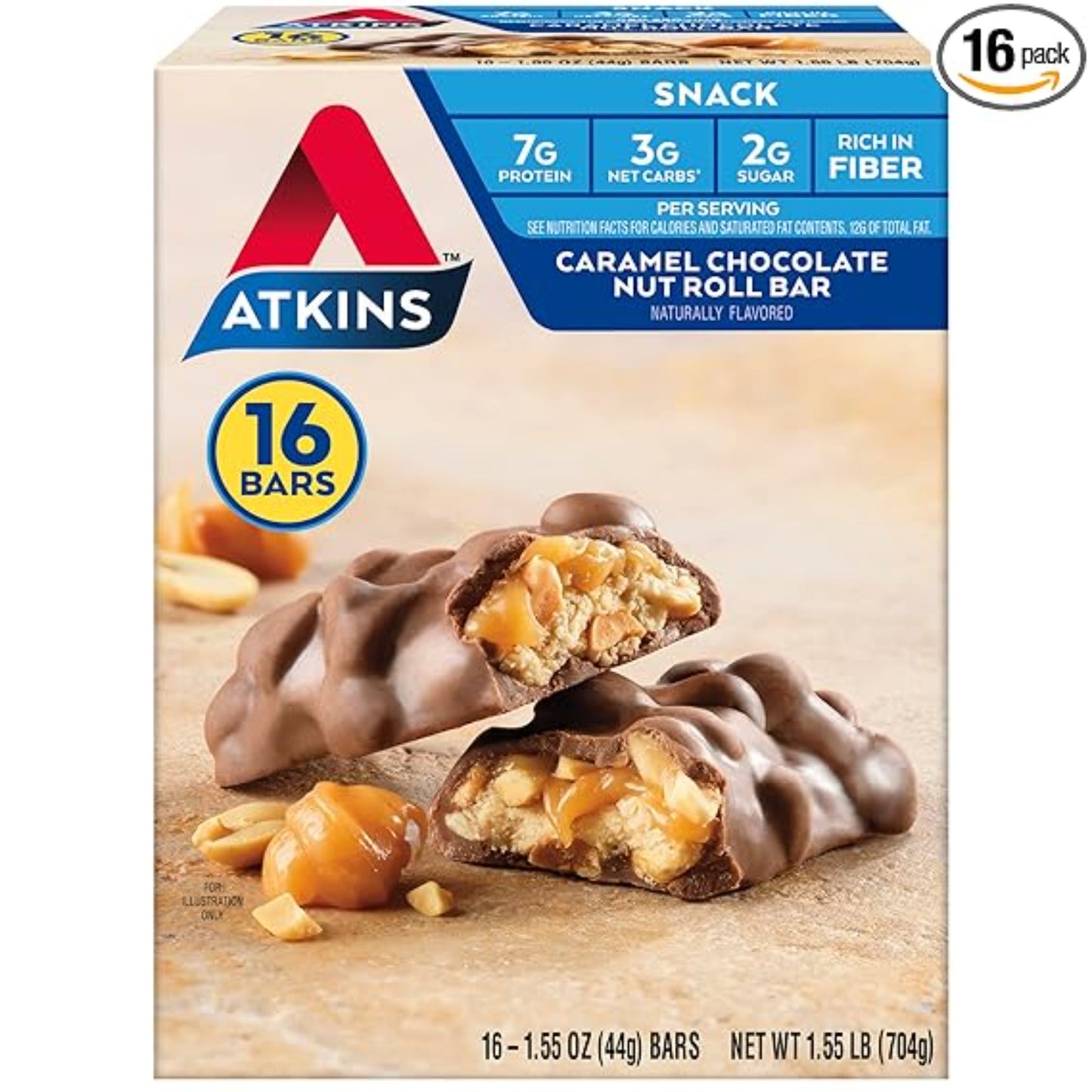 Atkins Caramel Chocolate Nut Roll Snack Bar, Protein Snack , 7g Protein, 2g Sugar, Rich in Fiber, 16 Count