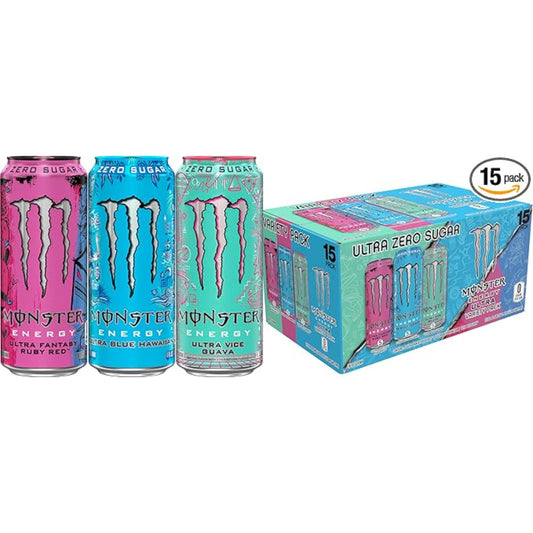 Monster Energy Ultra Variety Pack, Blue Hawaiian, Ultra Vice Guava, Ultra Fantasy Ruby Red, Sugar Free Energy Drink, 16 Ounce (Pack of 15)