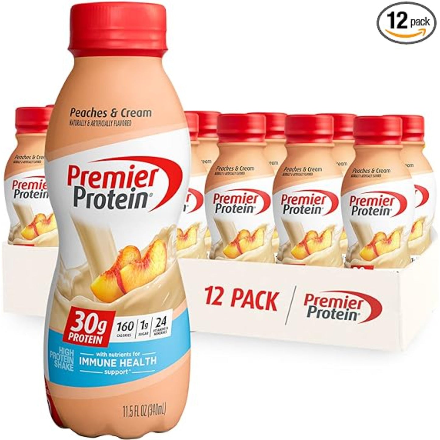 Premier Protein Shake 30g 1g Sugar 24 Vitamins Minerals Nutrients to Support Immune Health, Peaches & Cream, 11.5 Fl Oz (Pack of 12), Total 138 Fl Oz