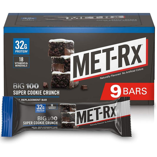 MET-Rx Big 100 Protein Bar, Meal Replacement Bar, 32G Protein, Super Cookie Crunch, 9 Bars (Pack of 1)