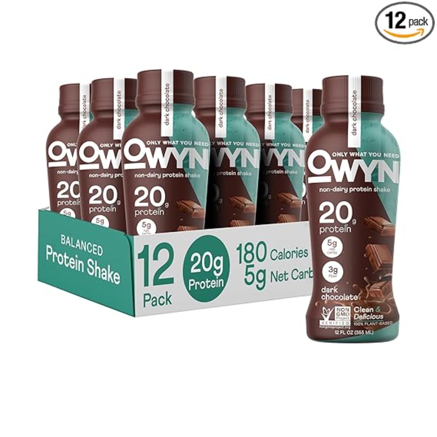 OWYN Only What You Need Plant Based Protein Shake, Dark Chocolate, 20g Vegan Protein from Organic Pumpkin seed, Flax, Pea Blend, Omega-3, Prebiotic supplements, Gluten and Soy-Free, (12 Pack)