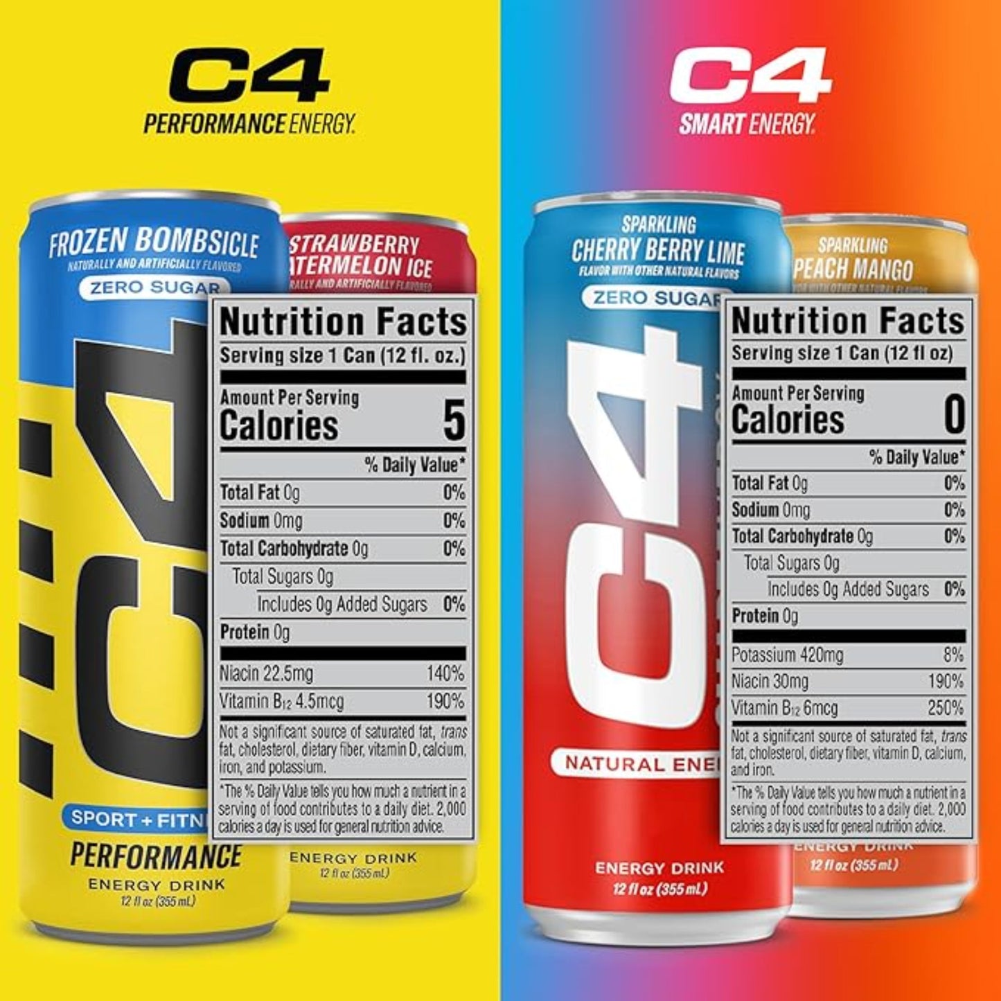 Cellucor C4 Performance & Smart Energy Drink Official Variety Pack | Zero Sugar Carbonated Preworkout Energy | 150+200mg Caffeine with Beta Alanine | 4 Flavors | 12 Fl Oz (12 Pack)