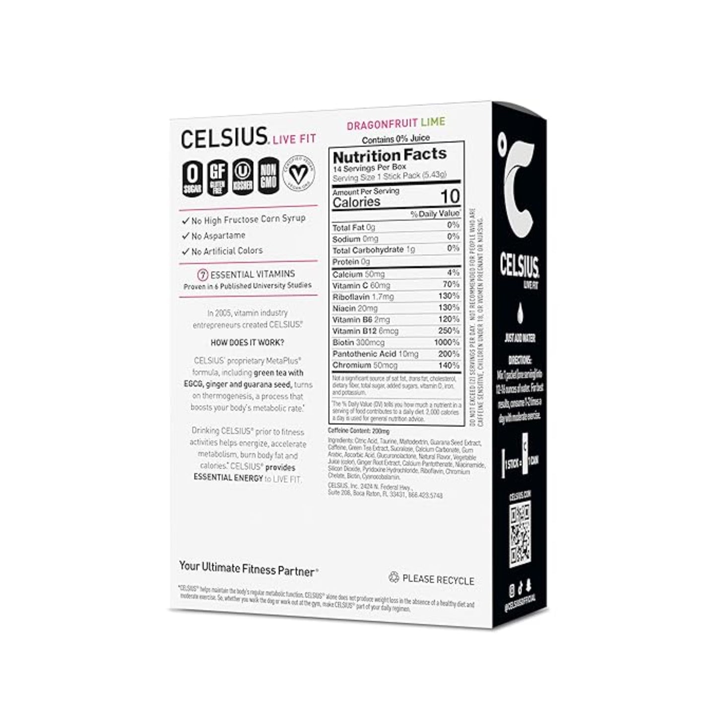 CELSIUS® On-the-Go Powder Sticks Dragonfruit Lime, Essential Energy 2.8 Oz (14 Sticks per Pack)