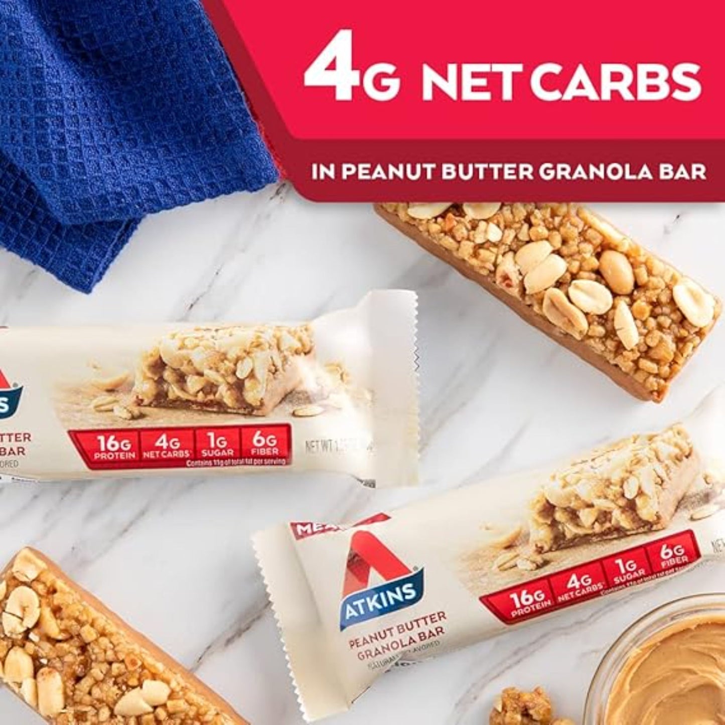 Atkins Peanut Butter Granola High Protein Bar, High Fiber , 16g Protein, 1g Sugar, 4g Net Carb, Keto Friendly, 12 Count