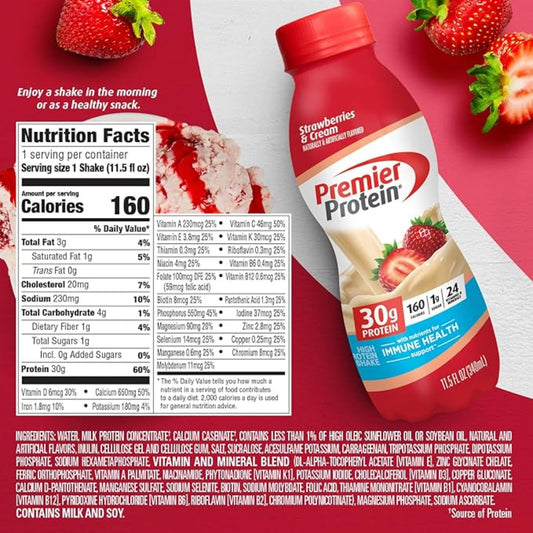 Premier Protein Shake, Strawberries & Cream, 30g Protein 1g Sugar 24 Vitamins Minerals Nutrients to Support Immune Health, 11.5 fl oz (Pack of 12)