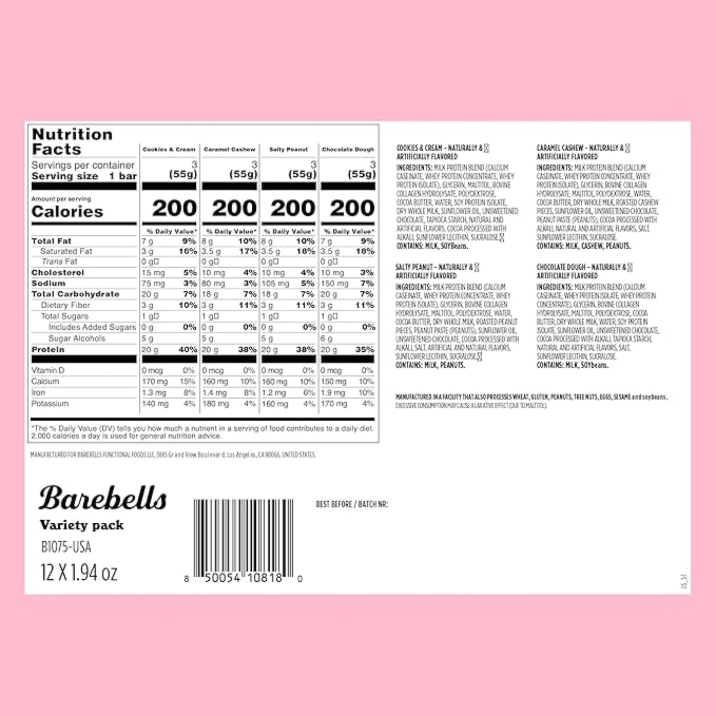 Barebells Protein Bars Variety Pack - 12 Count, 1.9oz Bars - Protein Snacks with 20g of High Protein - Chocolate Protein Bar with 1g of Total Sugars - Perfect on The Go Protein Snack & Breakfast Bars