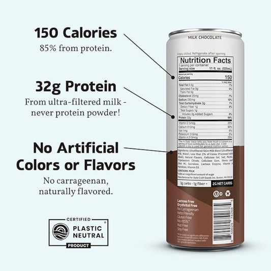 Slate Milk - High Protein Nutrition Shake - Milk Chocolate - 32g Protein, 1g Sugar, 150 Calories, 2g Net Carbs - Lactose Free - No Added Sugar - Breakfast Boost, Post Workout - 11 fl oz, 12 Cans
