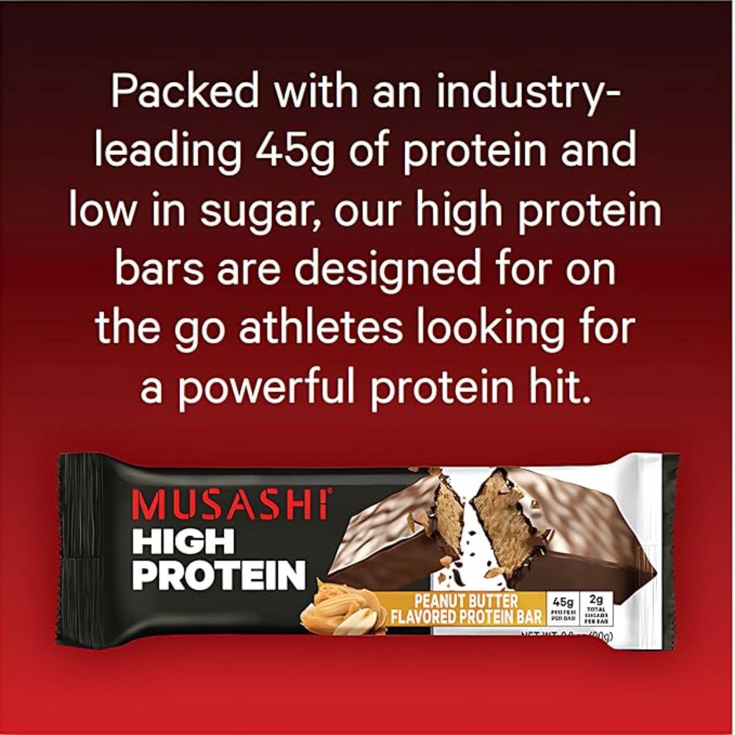 MUSASHI High Protein Bar, 45g Protein, 2g Total Sugars, Peanut Butter & Milk Chocolate Coated, Post Workout and Protein Snack On The Go, 12 Pack of 3.2oz (90g) Bars