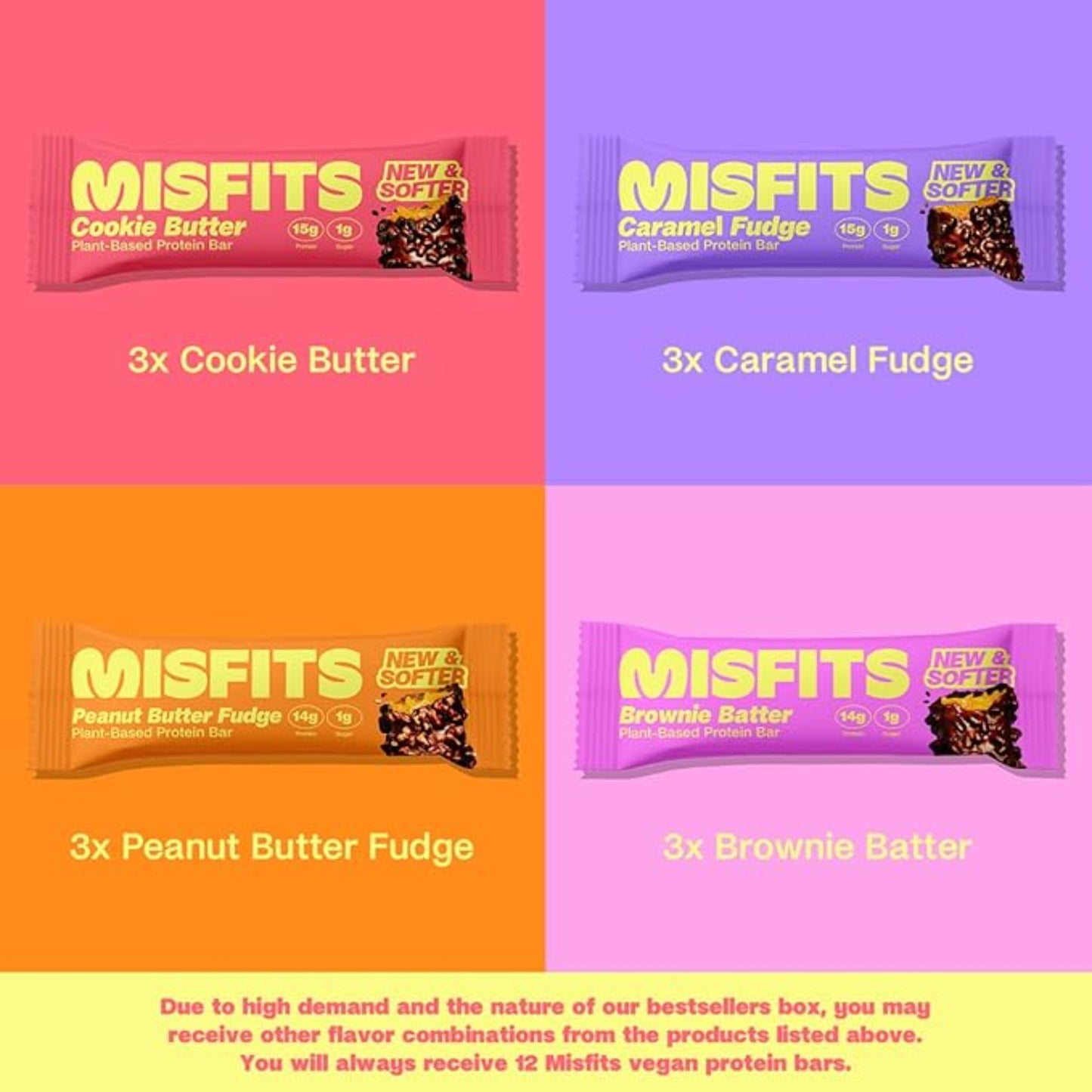 Misfits Vegan Protein Bars - Updated Gluten Free Recipe | Plant Based, Low Sugar & Carb, High Fiber Snacks | Variety Pack of 12 (4 Flavors)
