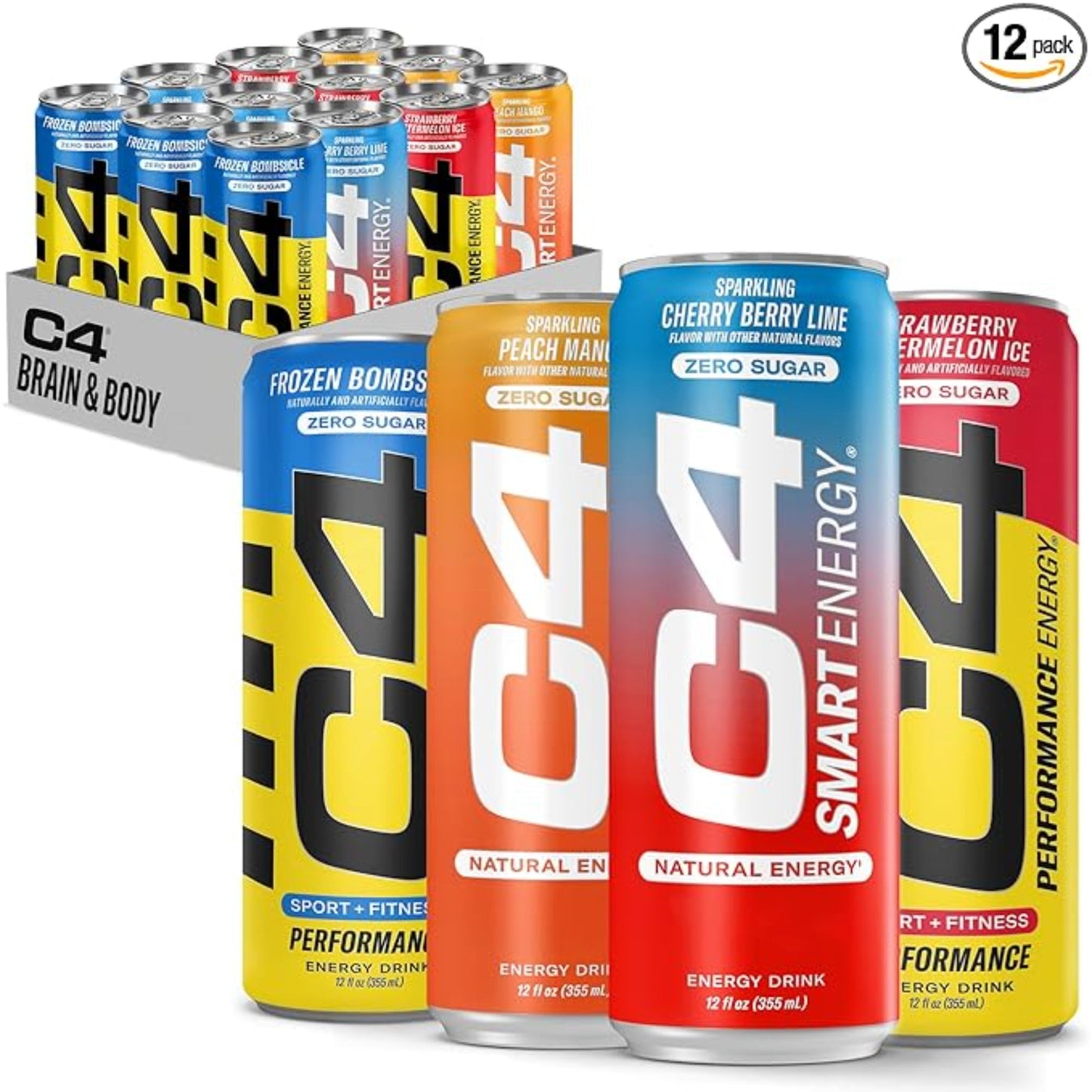 Cellucor C4 Performance & Smart Energy Drink Official Variety Pack | Zero Sugar Carbonated Preworkout Energy | 150+200mg Caffeine with Beta Alanine | 4 Flavors | 12 Fl Oz (12 Pack)