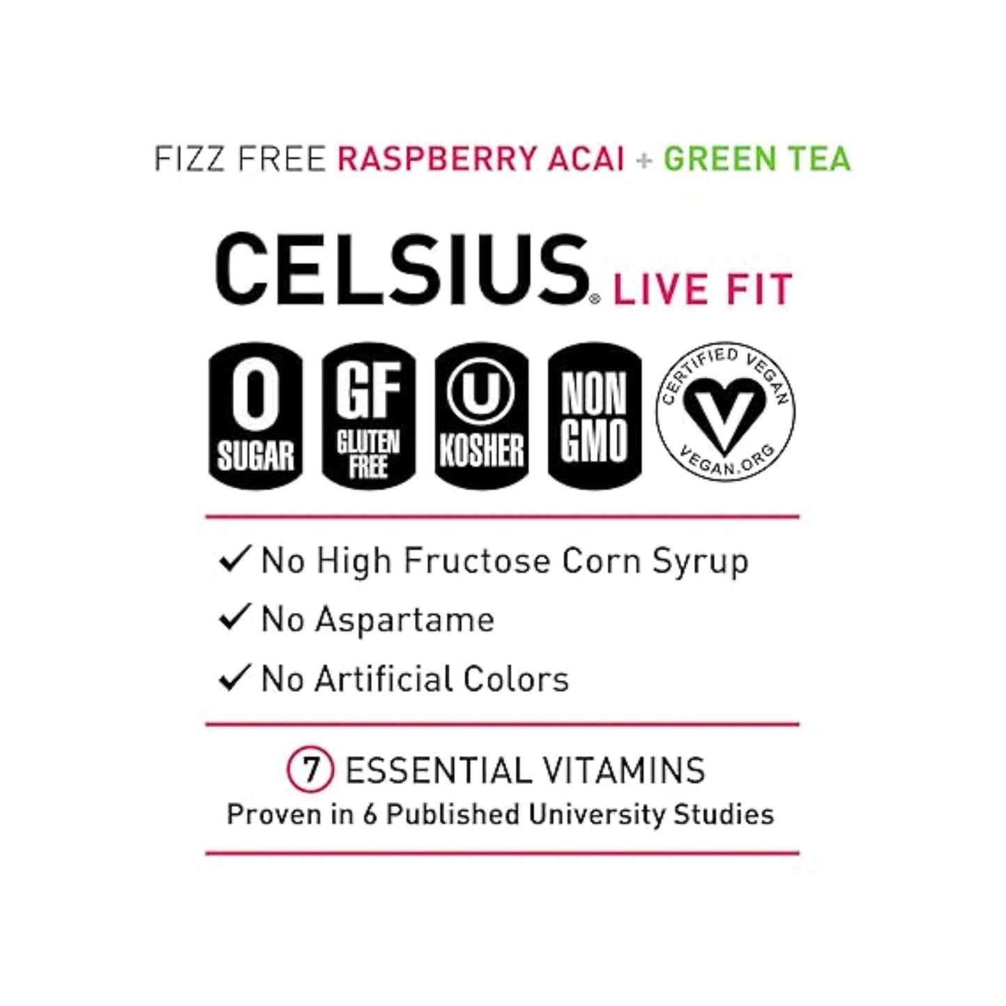 CELSIUS Raspberry Acai Green Tea, Functional Essential Energy Drink 12 Fl Oz (Pack of 12) Packaging may vary