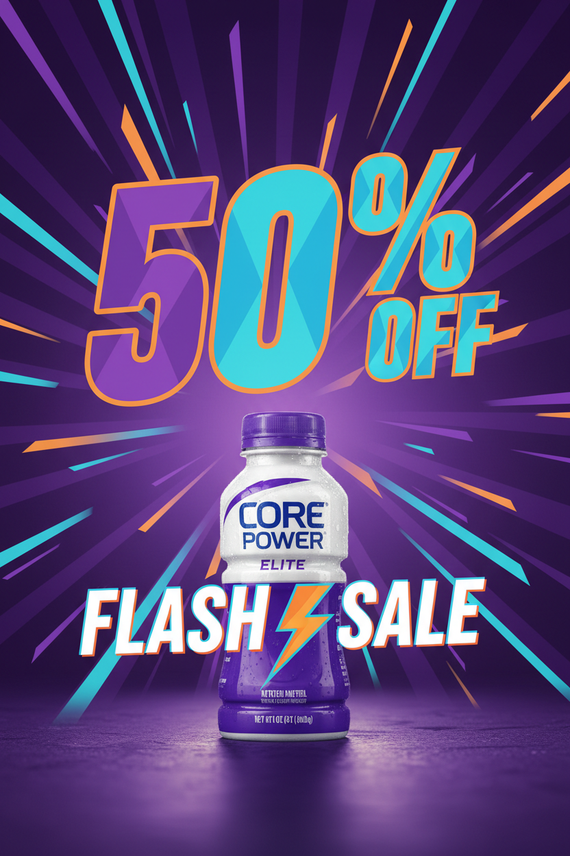 make a flash 50% off poster by using original picture of core power elite by using these colur scheme 7b5cb7,00b4d8,ff9f1c 