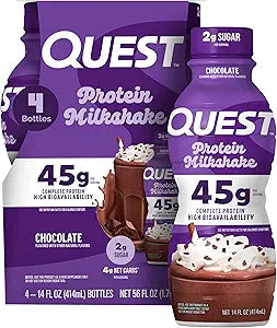 Quest Nutrition Chocolate Protein Shake, 45g Protein, 2g Sugar, 4g Net Carbs, Ready to Drink, Gluten Free, 4 Count